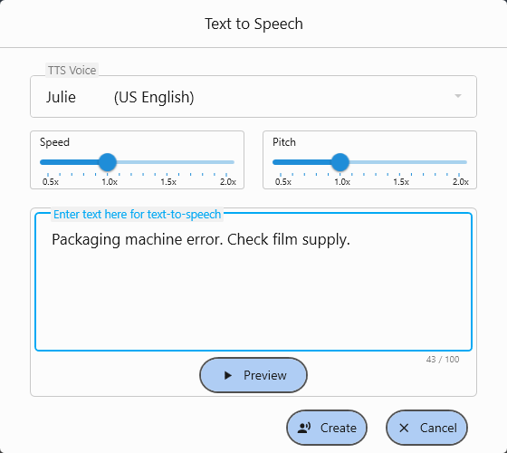 Text to Speech screen. Select a voice, adjust the speed and pitch, and create speech from the text you enter.