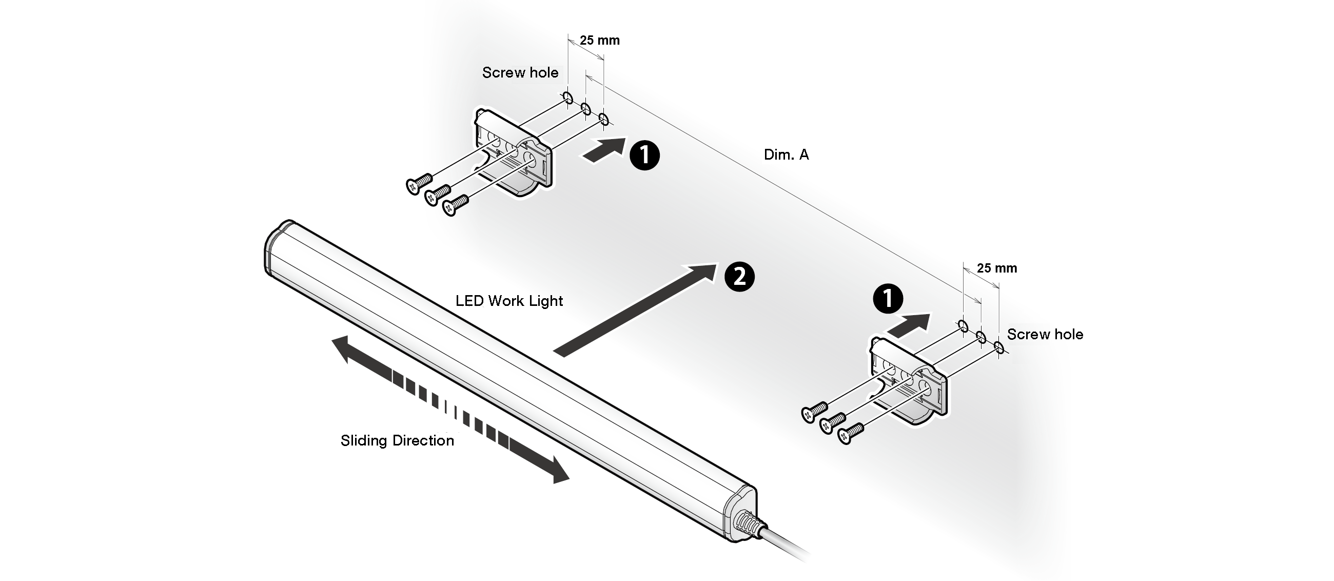 Exploded view: fix the two end brackets through screw holes at 25 mm mounting centres, spaced over dimension A, then slide the LED work light into them in the direction shown