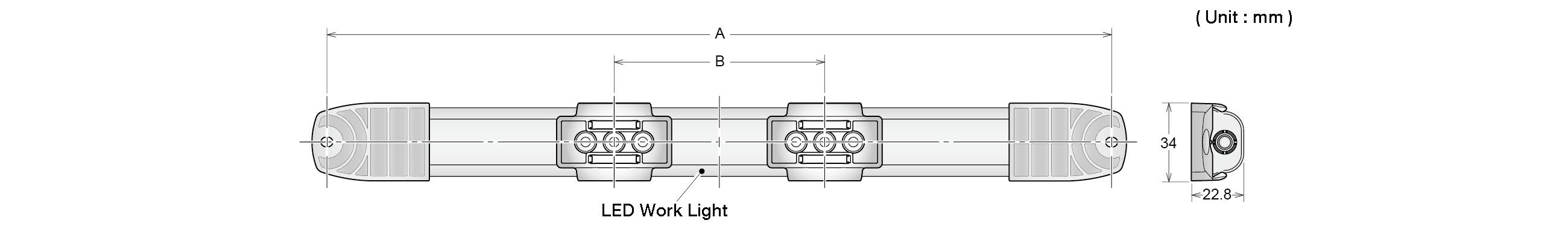 Dimensions: LED work light with end caps, showing overall length A, the pitch B between the two LED units and a 34 × 22.8 mm section, in millimetres