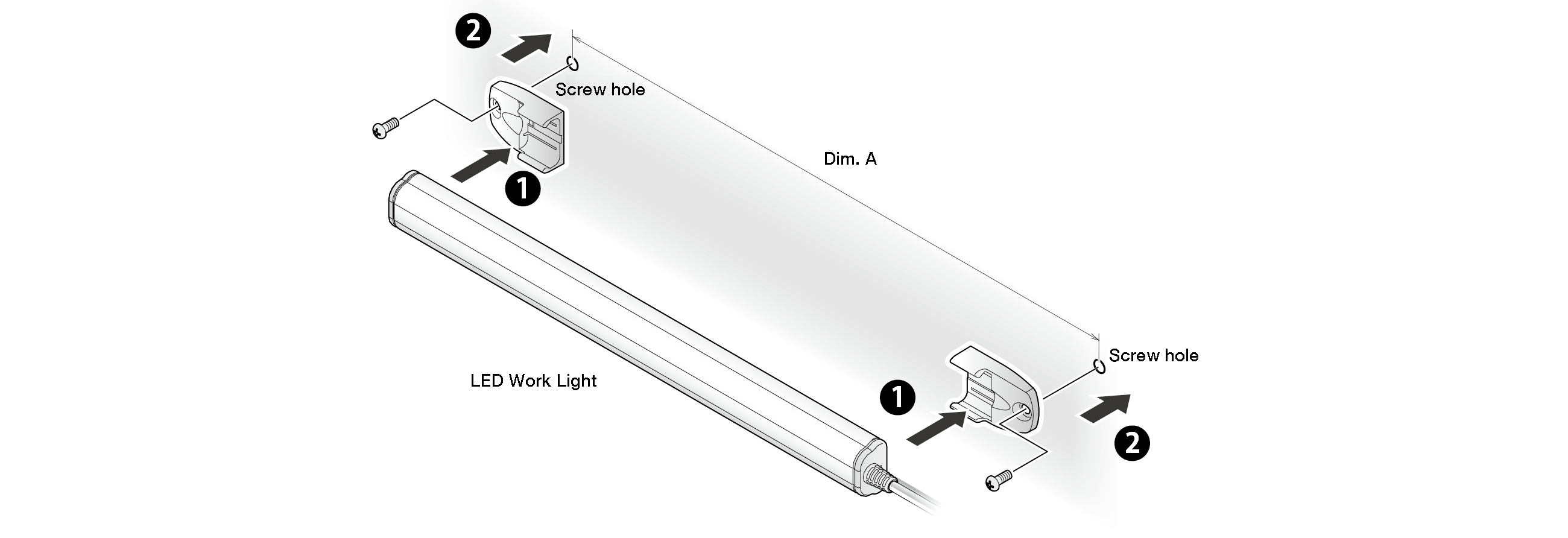 Exploded view: fit an end cap at each end of the LED work light and fix it with a single screw through the screw hole, spaced over dimension A