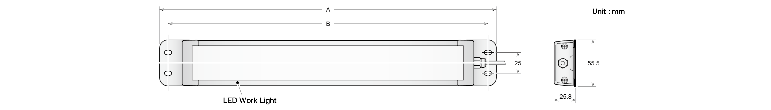 Dimensions: LED work light on flat end brackets, showing overall length A, body length B, 25 mm mounting centres and a 55.5 × 25.8 mm bracket, in millimetres