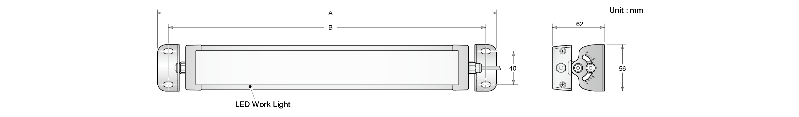 Dimensions: LED work light on angle-adjusting brackets, showing overall length A, body length B, 40 mm mounting centres and a 62 × 56 mm bracket, in millimetres