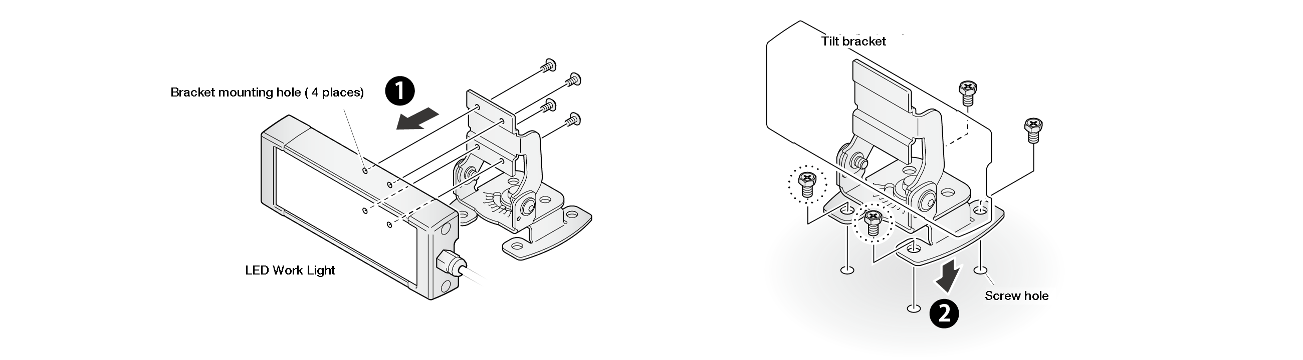 Exploded view in two steps: attach the tilt bracket to the four bracket mounting holes on the LED work light, then fix it through the screw holes