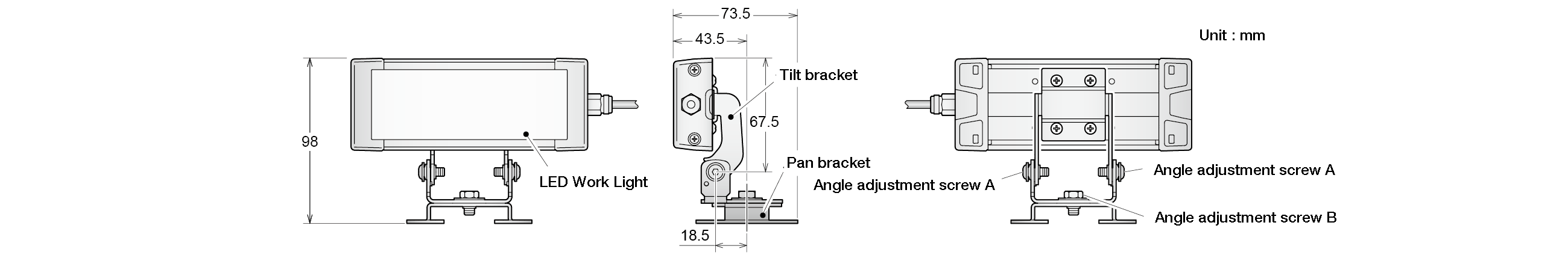 Dimensions: LED work light on the tilt and pan brackets in three views, showing 98 mm overall height and 73.5, 43.5, 67.5 and 18.5 mm, with angle adjustment screws A and B, in millimetres